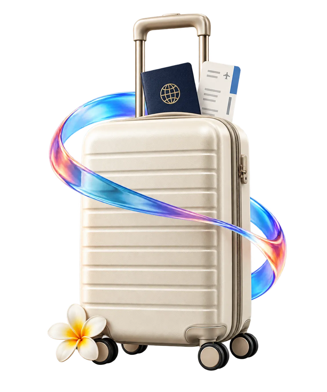 Valise cabine avec passeport, carte d’embarquement et fleur de frangipanier